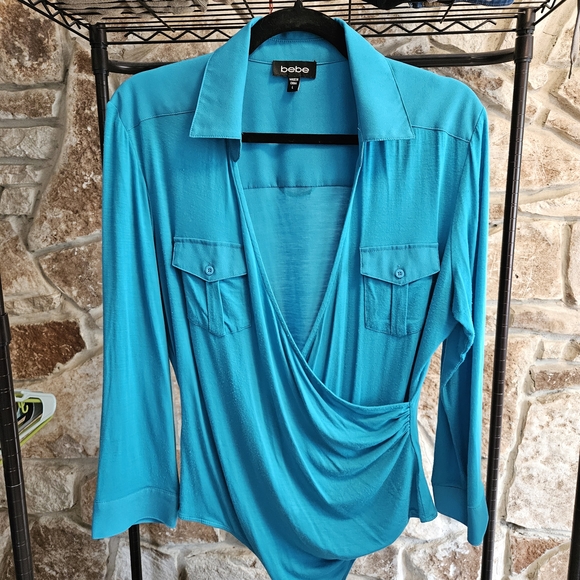 bebe Tops - Bebe Turquoise Collared Bodysuit